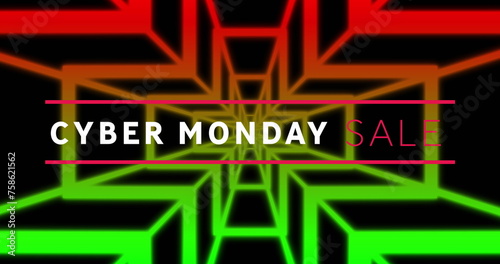 Image of cyber monday sale text over shapes on black background
