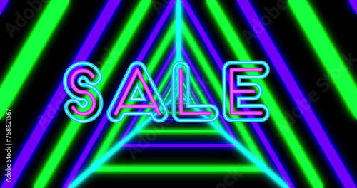 Image of sale text over shapes on black background