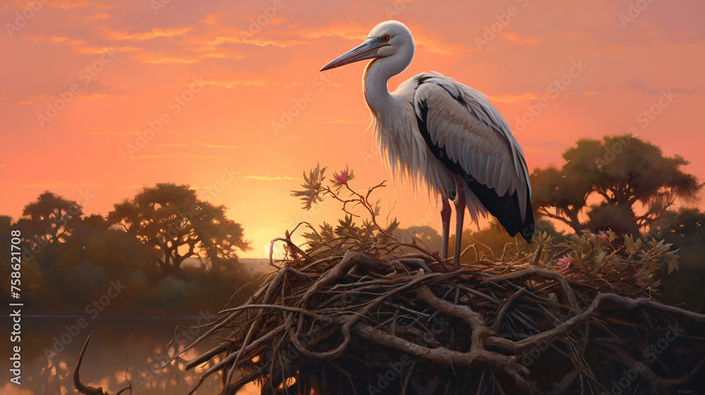Obraz premium A beautiful oil painting of a stork in its nest during