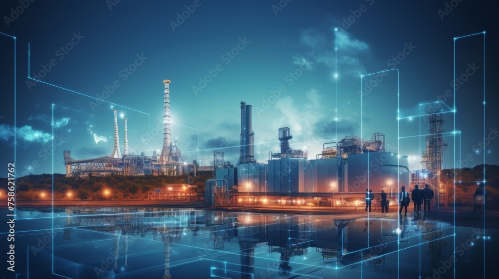 Modern factory, communication network. Telecommunication. IoT, Internet of Things, ICT, Information communication Technology,. Smart factory. Digital transformation, cloud connecting