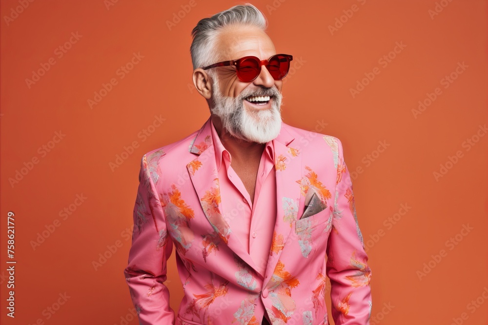 Handsome senior man in pink jacket and red sunglasses on orange background. Handsome senior man in pink jacket and red sunglasses on orange background.