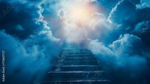 Stairway to heaven in heavenly concept. Religion background. Stairway to paradise in a spiritual concept. Stairway to light in spiritual fantasy. Path to the sky and clouds. God light 