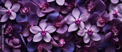 Top view background of bunch of blooming purple pink Orchids flower petals plant created with Generative AI Technology © AstraNova