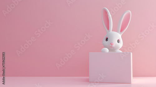 3D Render of Easter Bunny Cartoon in pink box on pink background with copy space for text