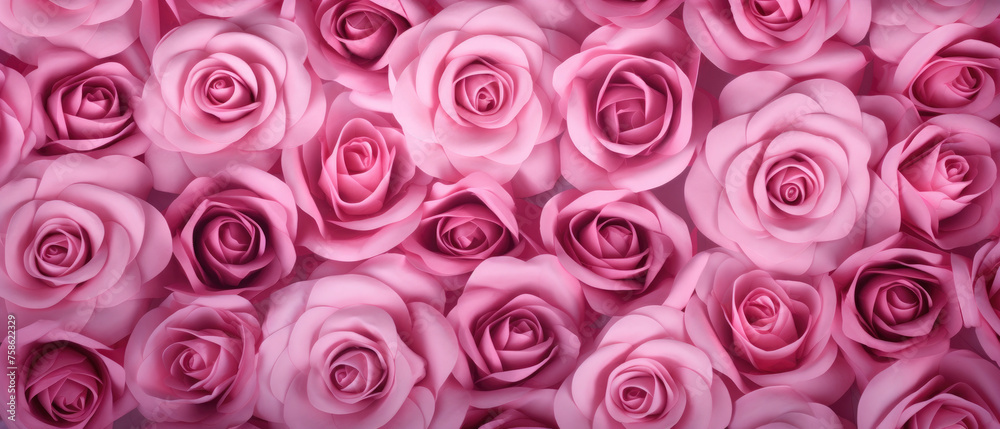 Top view background of bunch of blooming pink Roses flower petals plant