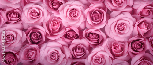 Top view background of bunch of blooming pink Roses flower petals plant created with Generative AI Technology