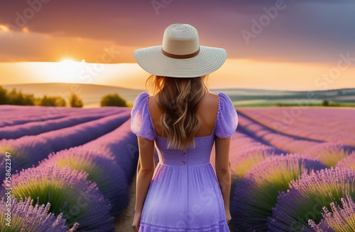A young girl in a lilac dress, in a straw hat, with long hair stands on a lavender field, with her back to the viewer, at sunset. High quality photos