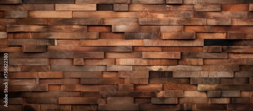 A close up of a brown brick wall made of wooden blocks, showcasing a unique pattern of hardwood flooring in a composite material building