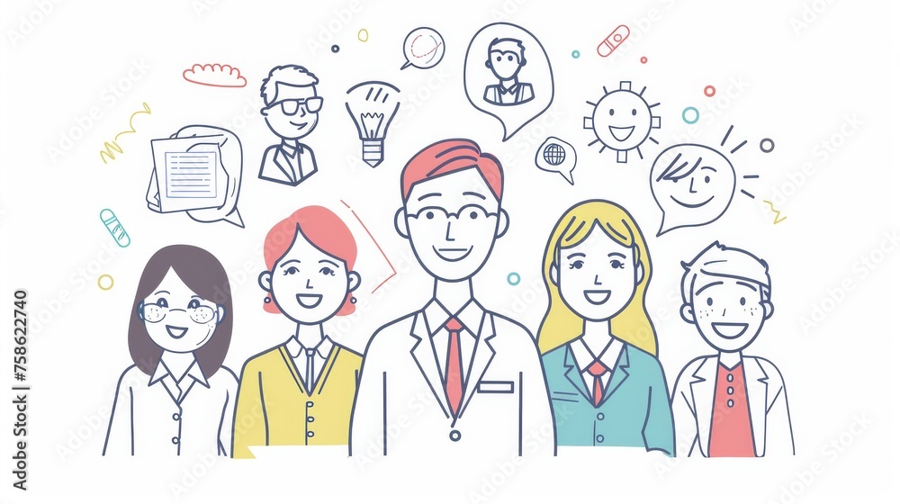 The business team members have confident faces as they stand with his or her icons floating above them in a flat style modern illustration. The business team members have confident faces as they stand with his or her icons floating above them in a flat style modern illustration.