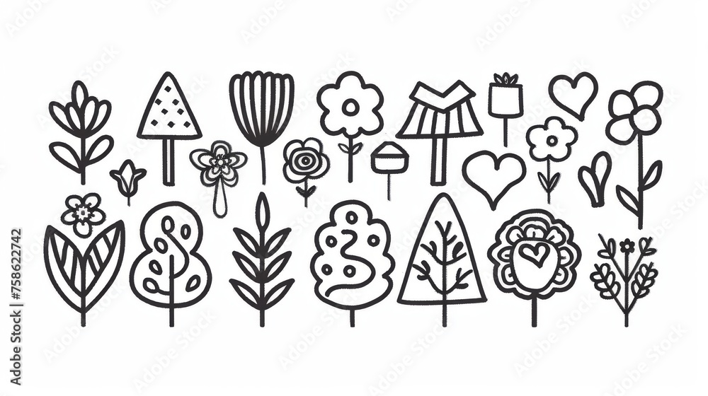 Decorative elements in the shape of trees, flowers and shapes on a simple modern illustration. Decorative elements in the shape of trees, flowers and shapes on a simple modern illustration.