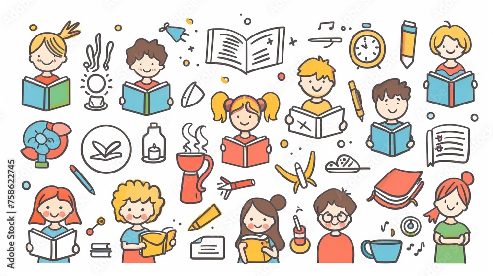 Concept illustration for education. Cute students studying and doing self-development. Simple outline design with outline. Concept illustration for education. Cute students studying and doing self-development. Simple outline design with outline.