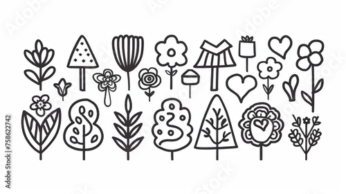 Decorative elements in the shape of trees, flowers and shapes on a simple modern illustration.