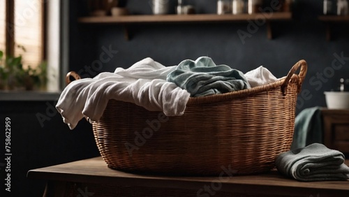 A wicker laundry basket filled with folded towels and bottles of detergent sits on a table in a dark laundry room.