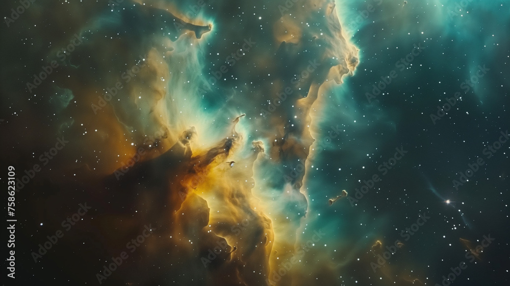 Depiction of a space nebula, glowing gases and dust clouds Depiction of a space nebula, glowing gases and dust clouds