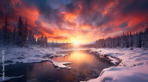A picturesque winter landscape with a river snowcover