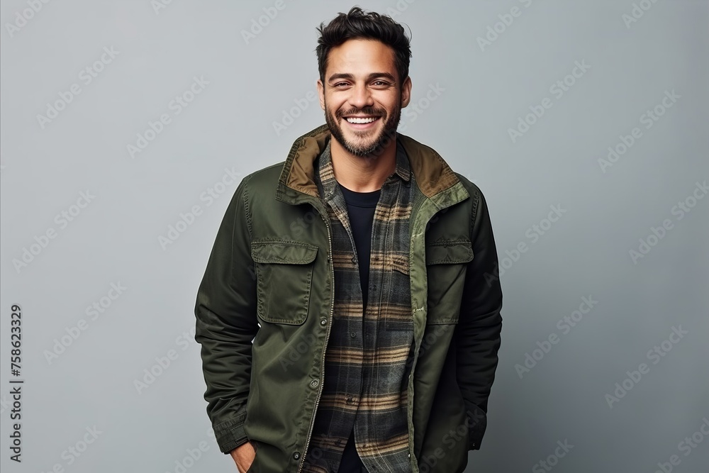 Handsome young man smiling and looking at camera while standing against grey background Handsome young man smiling and looking at camera while standing against grey background