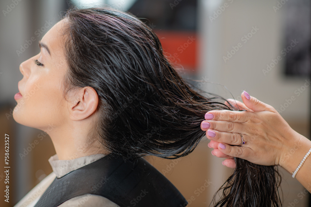 Fototapeta premium Expert hairdresser applies revitalizing oil drops to woman's long black hair, transforming her look with a new hairstyle