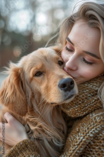 Close-up portrait of young beautiful girl hugging and kissing her cute dog while walking in autumn park. Love and affection between owner and pet. © Fat Bee