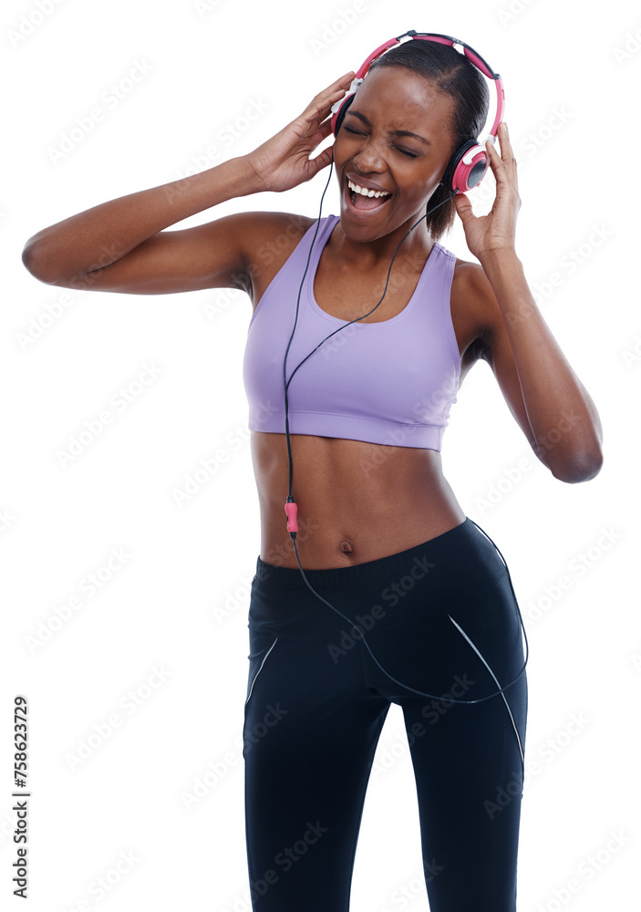 Energy, fitness and music with happy black woman in studio isolated on white background for wellness. Exercise, singing and headphones with confident young sports model streaming radio for training