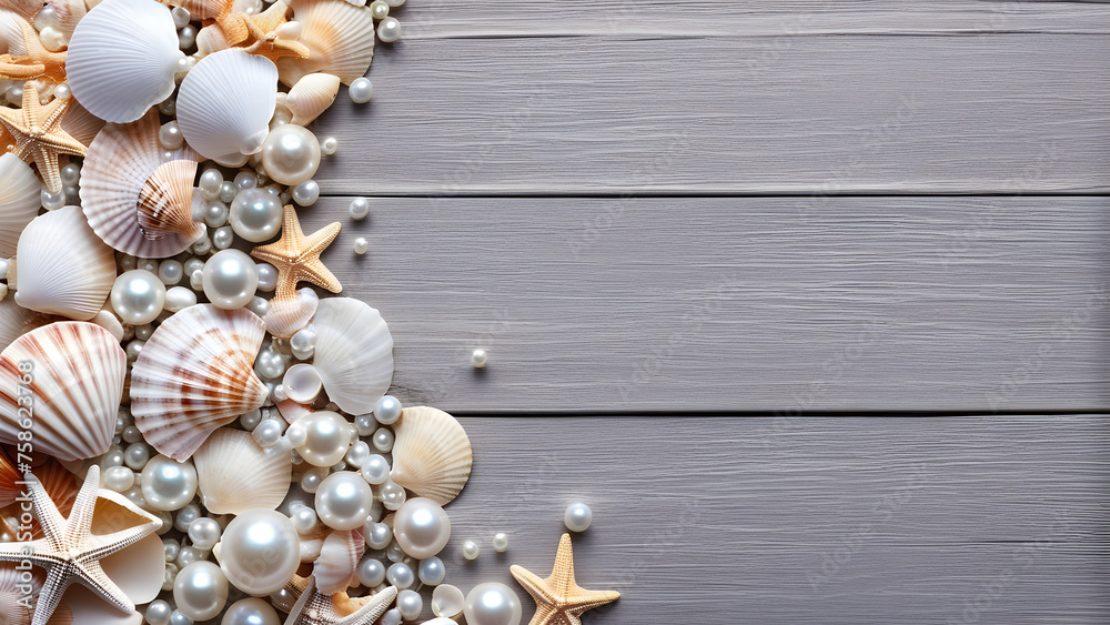 Fototapeta premium light gray background with shells and pearls with mockup copy space. Generative AI. sea shells on a wooden background. brand product. business product