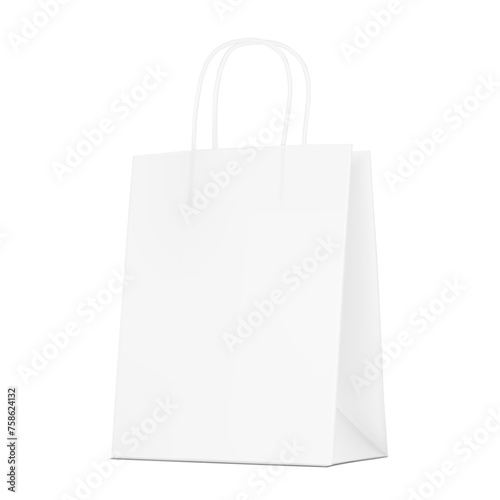 Paper bag with handle mockup. Half side view. Vector illustration isolated on white background. Easy to use for presentation your product, idea, promo, design. EPS10.