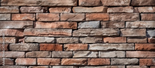Close up of a brown brick wall showcasing the intricate brickwork and composite material used in construction. The stone wall is adorned with plant life
