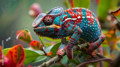 Colorful chameleon on branch, a kaleidoscope of hues blending with the vibrant foliage.