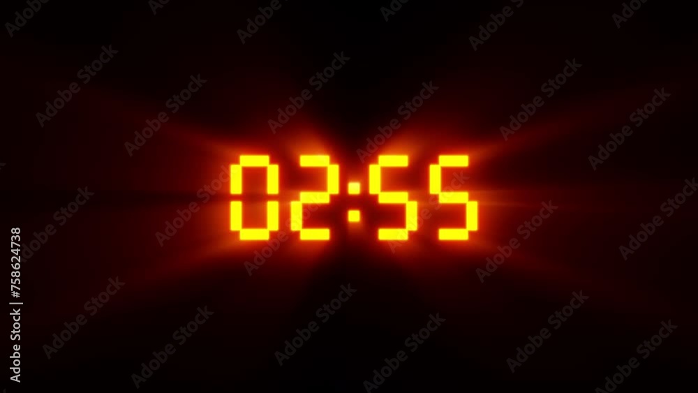 3 minute timer countdown animation. Animated on yellow glowing effects. Black background. Great for event countdowns, product launches, game shows or competitions.