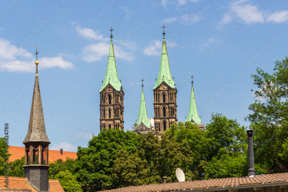 Towers of church Bamberg Cathedral (Bamberger Dom) in Bamberg, Upper Franconia, Bavaria, Germany