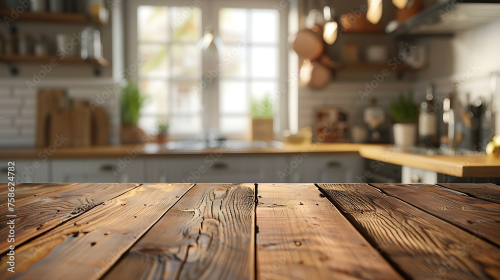 Wood table top on blurred kitchen background Wood table top on blurred kitchen background