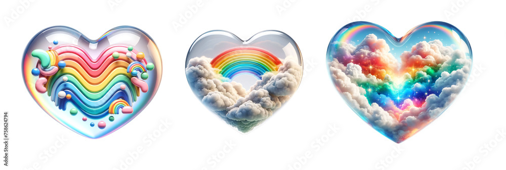 3d realistic glass heart icon set isolated on a transparent background, filled with lively rainbows and clouds. 3d realistic glass heart icon set isolated on a transparent background, filled with lively rainbows and clouds.