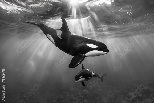 Two orcas swimming together 