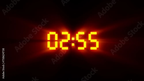 3 minute timer countdown animation. Animated on yellow glowing effects. Black background. Great for event countdowns, product launches, game shows or competitions.