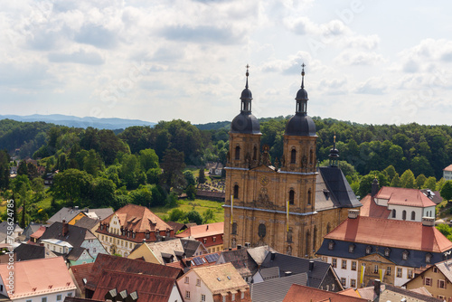 Panorama view with pilgrimage site Basilica minor in Gößweinstein and townscape in Franconian Switzerland, Bavaria, Germany photo