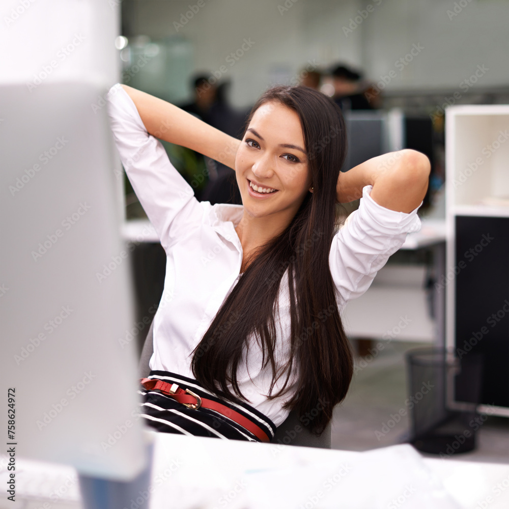 Woman, office and computer to relax with smile for work on break or calm and satisfied with admin. Assistant, female person and happy on pc for internet or website search and hands behind head Woman, office and computer to relax with smile for work on break or calm and satisfied with admin. Assistant, female person and happy on pc for internet or website search and hands behind head