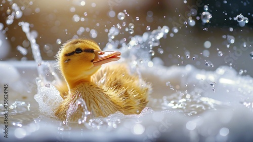 Duck joyfully splashing in a bath, water droplets flying, embodying the essence of playful moments.