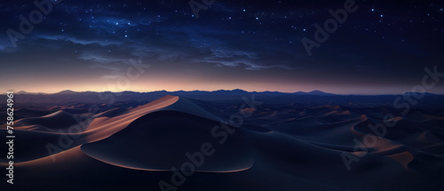 landscape of vast desert sand dunes in dark night with dark purple blue glowing colors gradations with aerial view of far horizon created with Generative AI Technology