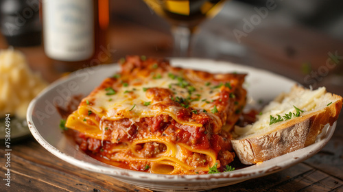 Side view of a dish of pasta with tomato sauce and meatballs, emphasizing layers of pasta, sauce, and meatballs, with a piece of garlic bread on the side