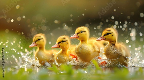 Energetic ducklings in a spirited race, their tiny webbed feet paddling furiously on dewy grass.