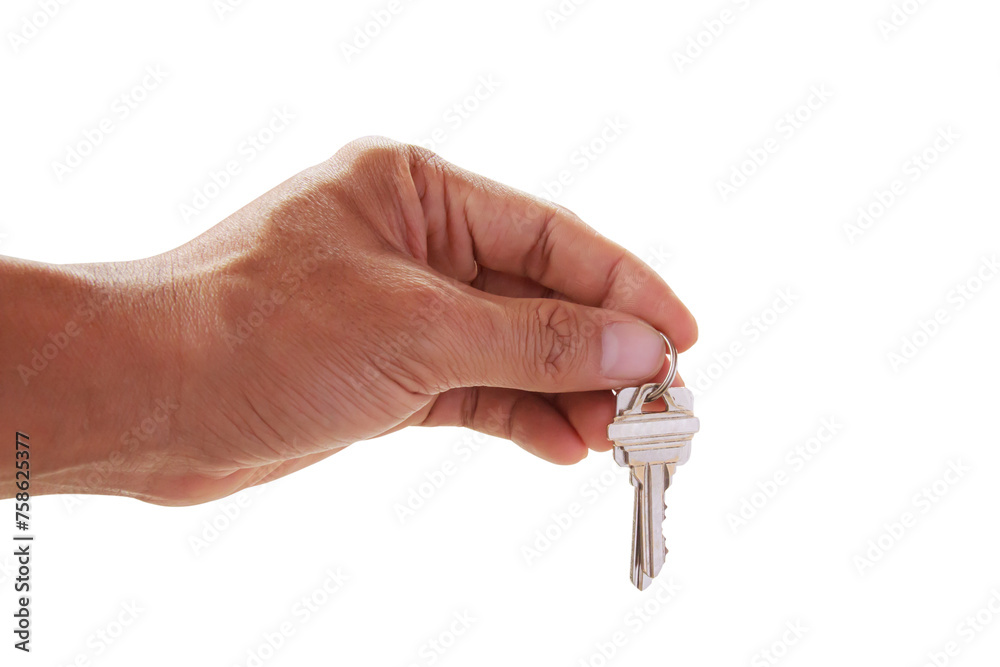Human hand holding key to a dream house isolated on white Human hand holding key to a dream house isolated on white