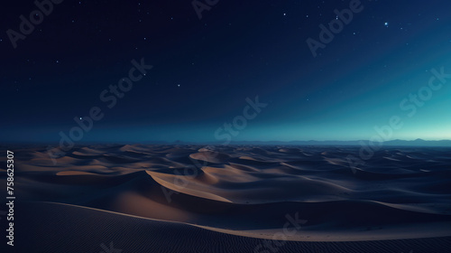landscape of vast desert sand dunes in dark night with dark purple blue glowing colors gradations with aerial view of far horizon created with Generative AI Technology