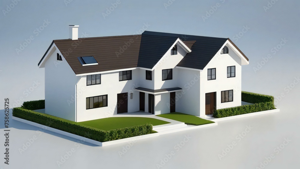 3D rendering of a modern suburban house with white walls and grey roof on a white background.