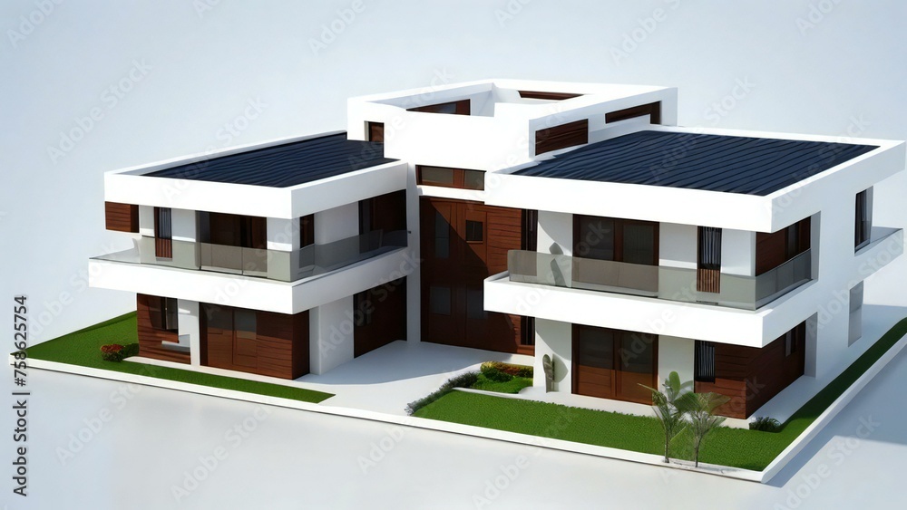 Modern residential house with solar panels on white background.