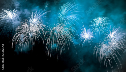 Beautiful blue fireworks in the night sky