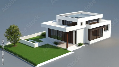 Modern two-story house with flat roofs, large windows, and a landscaped lawn on a neutral background. © home 3d