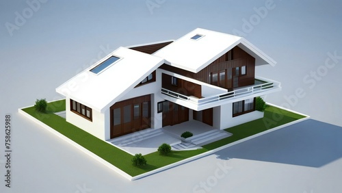 Modern two-story house with white and wooden facade, solar panels, and green lawn on isolated background.