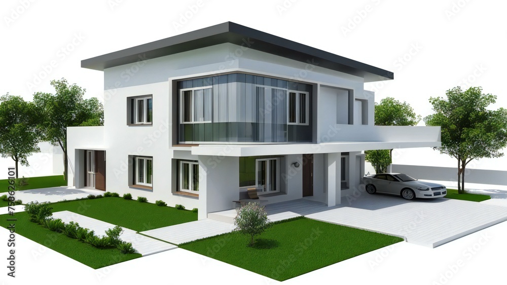 Modern two-story house with large windows, balcony, and a car parked outside, surrounded by a manicured lawn and shrubs. Modern two-story house with large windows, balcony, and a car parked outside, surrounded by a manicured lawn and shrubs.