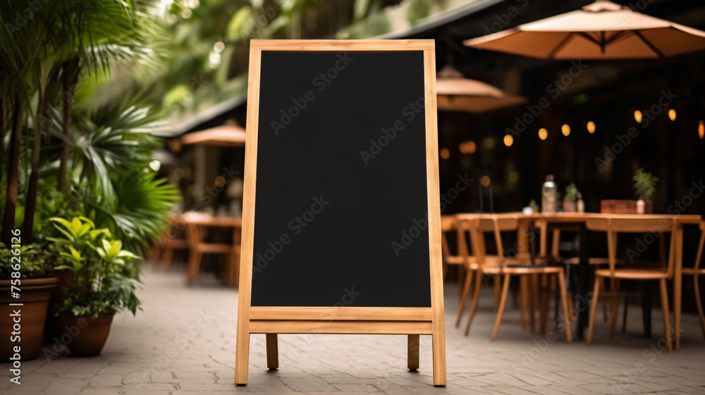 Empty blackboard sign mockup in front of a restaurant , Menu board with a street cafe