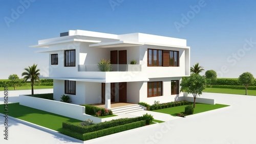 Modern two-story house with a flat roof, large windows, and a green lawn on a clear day. © home 3d