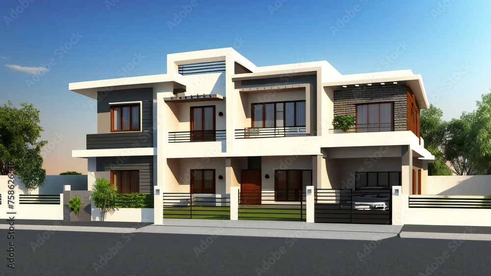 3D rendering of a modern home layout with furnished rooms and detailed interior design.